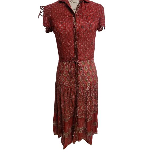 Vintage 70's Bohemian Starina Paris Indian Cotton Sheer Gauze Red Dress Boho M - Picture 1 of 15